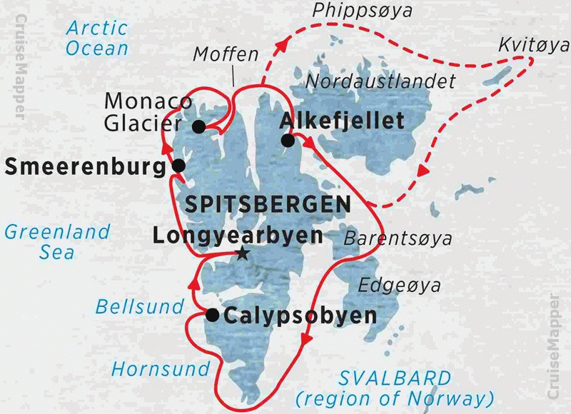 Spitsbergen (Norway) cruise itinerary map