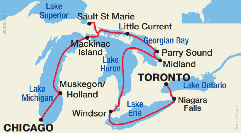 Pearl Mist cruise itinerary map USA-Canada (Great Lakes and Georgian Bay)