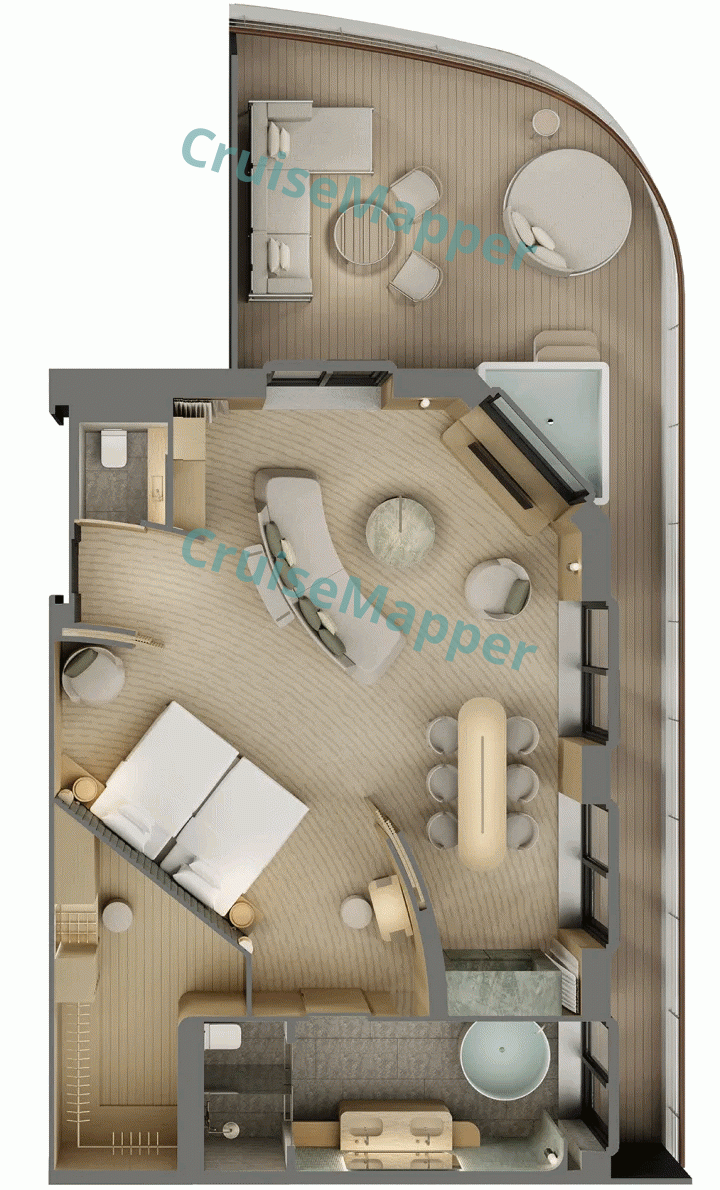 R Yacht SEFU Aft-Facing Owner Suite with Wraparound Balcony floor plan R Yacht SEFU Aft-Facing Owner Suite with Wraparound Balcony floor plan