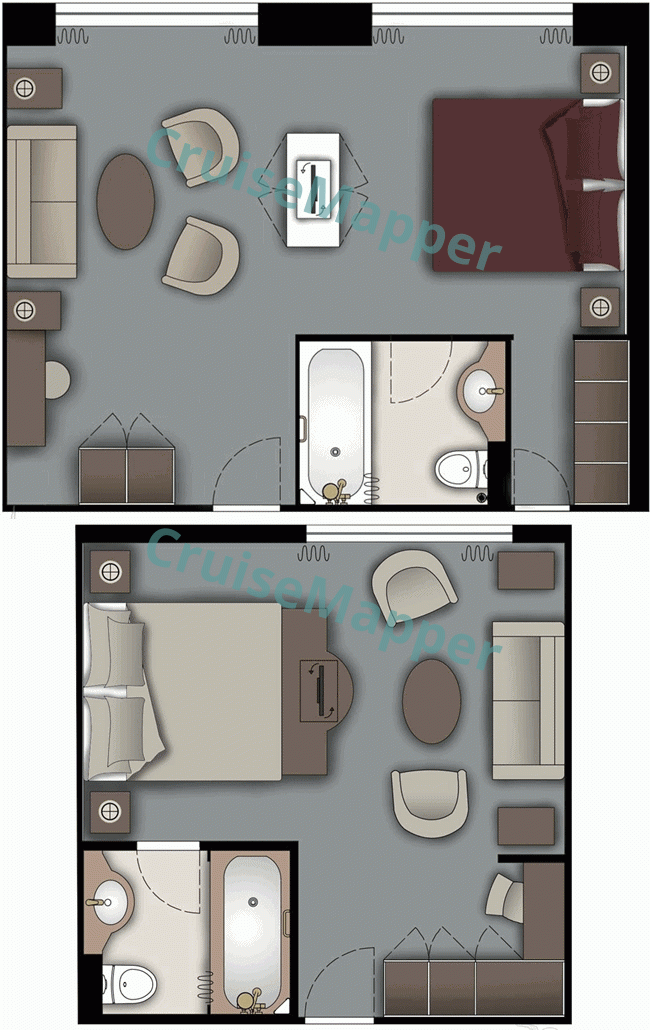 MS Deutschland-World Odyssey 1-Room & 2-Room French Balcony Suites  floor plan