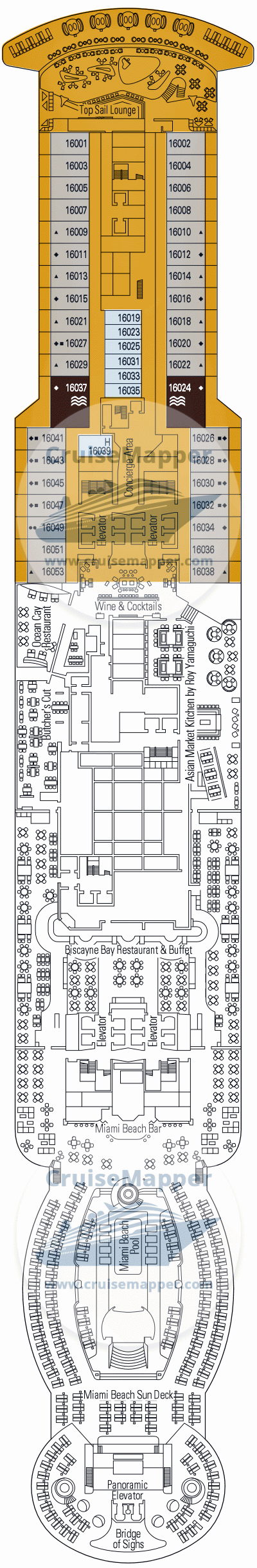 MSC Seaside Deck 16 - Siesta Beach-Suites-Yacht Club Lounge-Sundeck-Lido-Pools