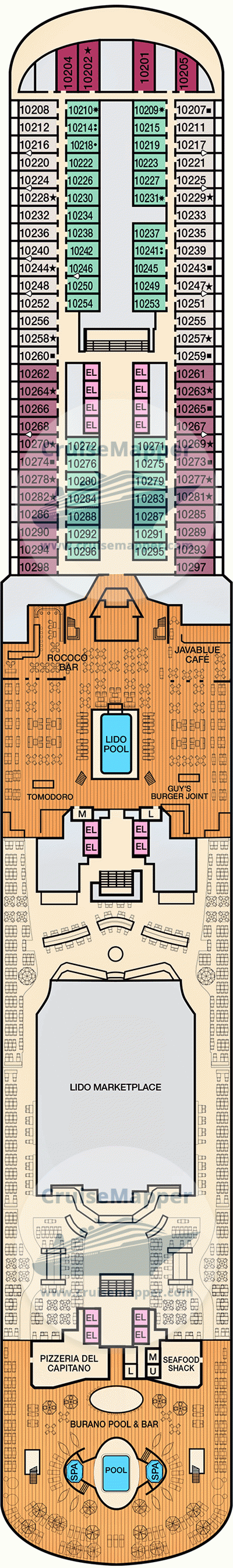 Carnival Venezia Deck 10 - Cabins-Lido-Pools