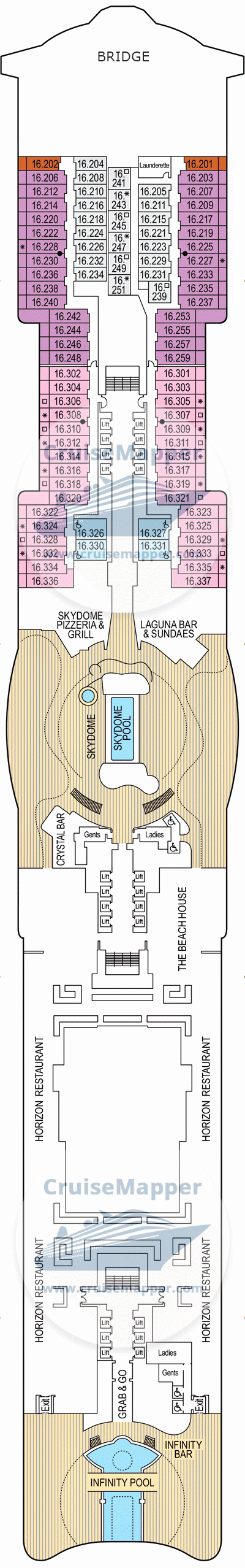 Iona Deck 16 - Cabins-SkyDome-Lido-Pools-Bridge