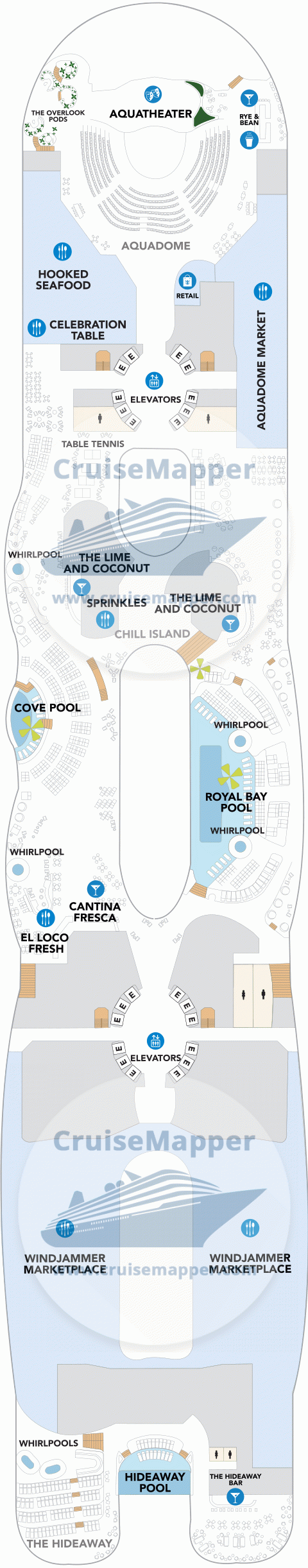 Icon Of The Seas Deck 15 - AquaDome-AquaTheater-The Hideaway-Chill Island1-Pools
