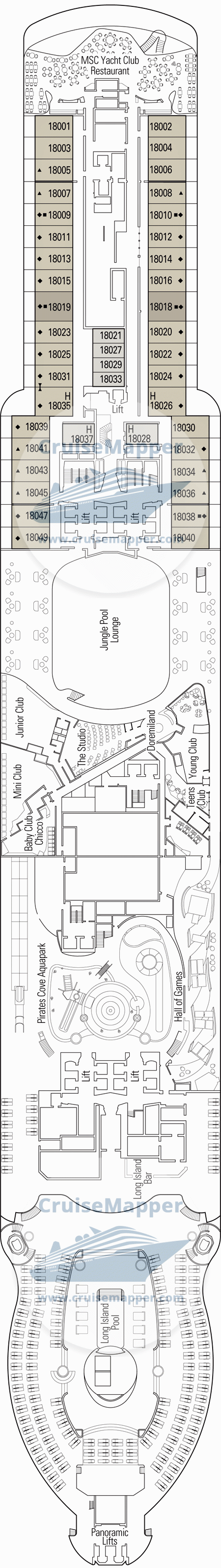 MSC Seashore Deck 18 - Bell Rock-Suites-Yacht Club Restaurant-Sundeck1-Pools-Kids