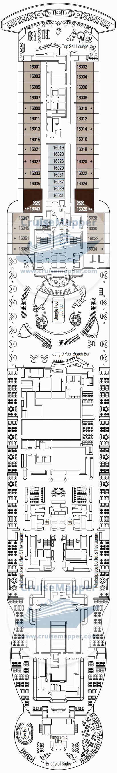 MSC Seashore Deck 16 - Boston Light-Suites-Yacht Club Lounge-Sundeck-Lido-Pools