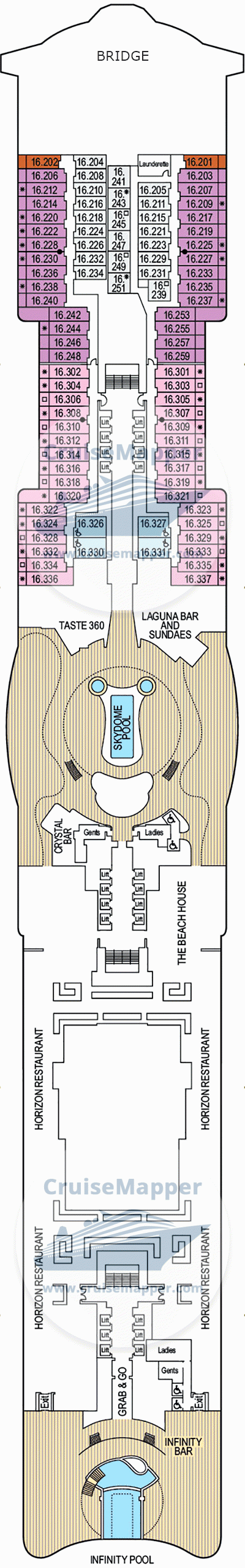 Arvia Deck 16 - Cabins-SkyDome-Lido-Pools-Bridge