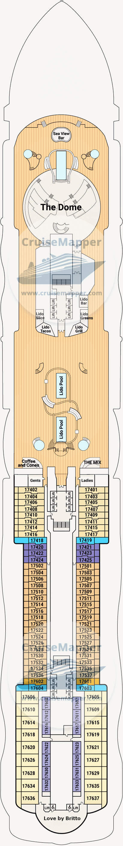 Sun Princess Deck 17 - Cabins-Dome1-Sundeck1-Lido-Pools