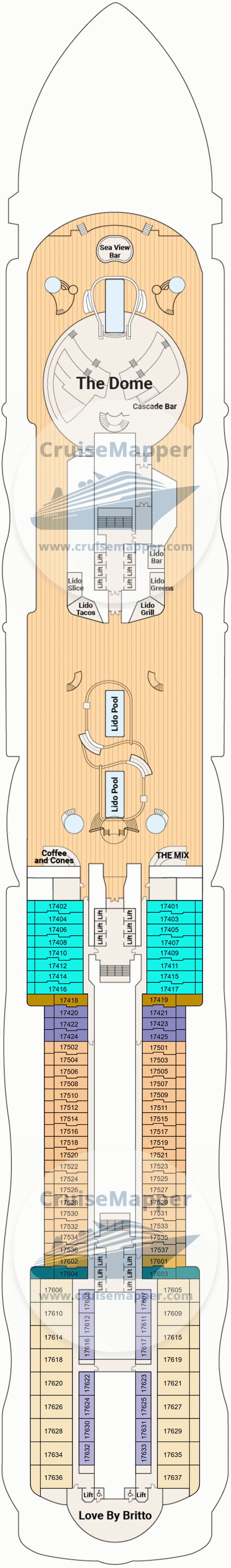 Star Princess Deck 17 - Cabins-Dome1-Sundeck1-Lido-Pools