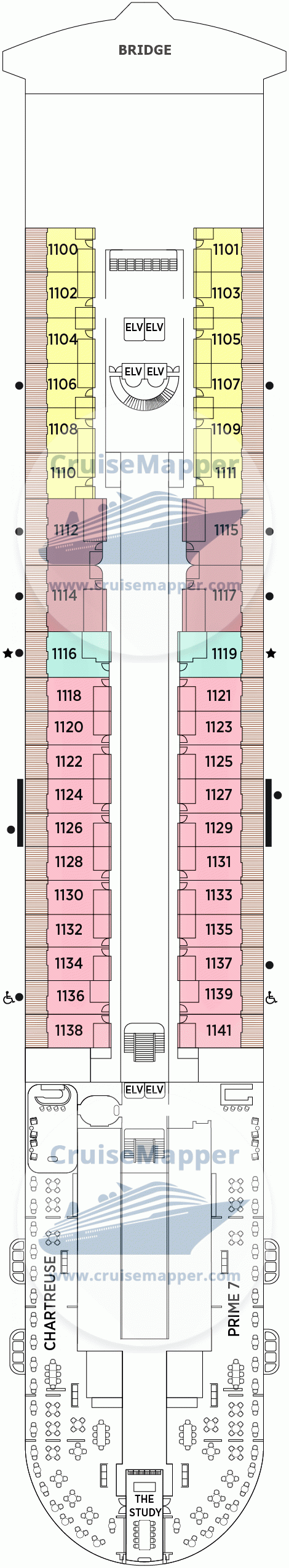 Seven Seas Prestige Deck 11 - Cabins-Bridge-Restaurants