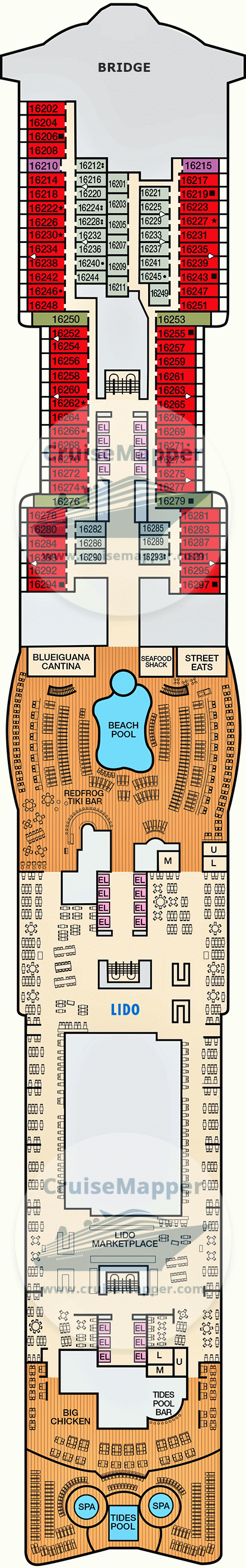 Carnival Tropicale Deck 16 - Cabins-Bridge-Lido-Pools Carnival Tropicale Deck 16 - Cabins-Bridge-Lido-Pools