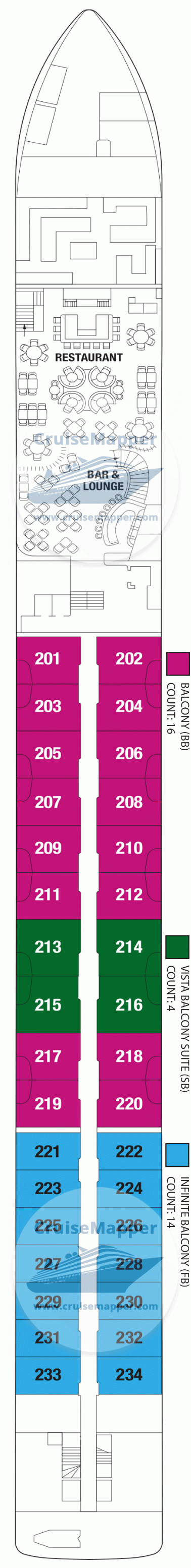 Celebrity Roamer Deck 02 - Cabins-Lobby-Restaurant1-Lounge1