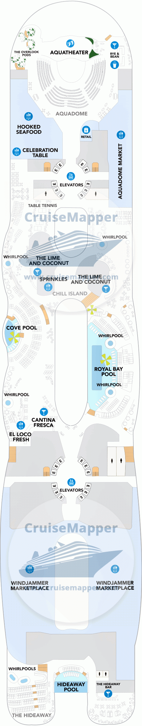 Hero Of The Seas Deck 15 - AquaDome-AquaTheater-The Hideaway-Chill Island1-Pools