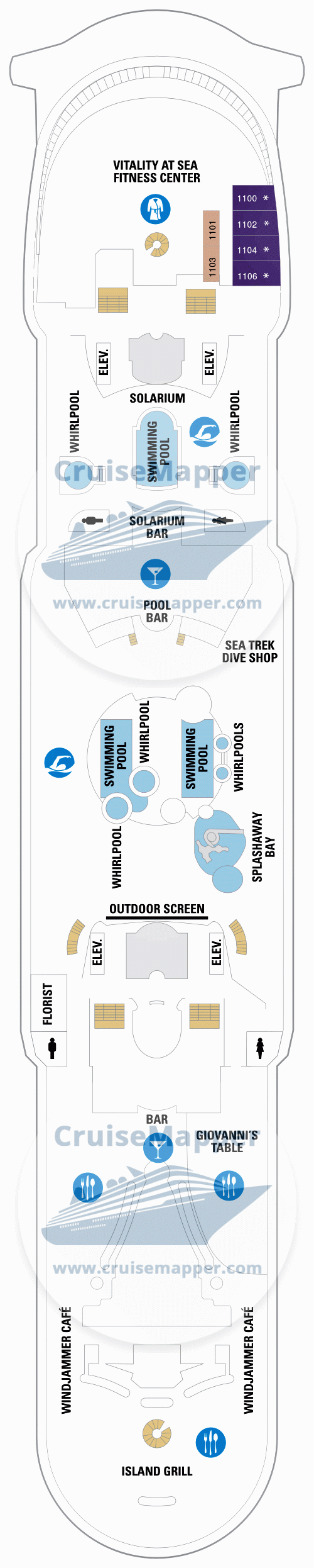 Adventure Of The Seas Deck 11 - Lido-Pools-Cabins