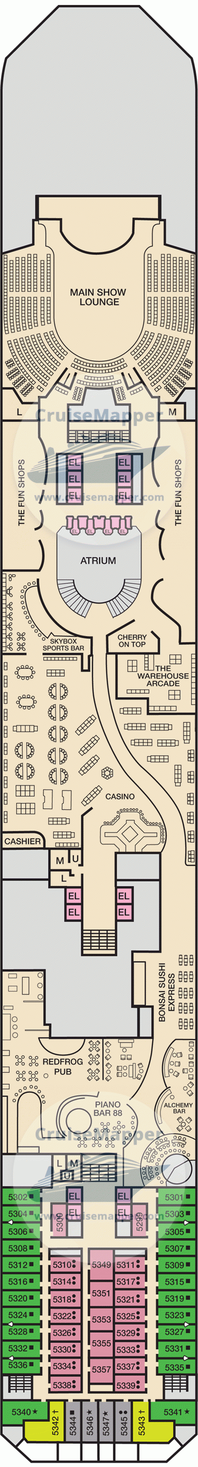 Carnival Sunrise Deck 05 - Promenade-Lounge-Casino-Shops-Cabins