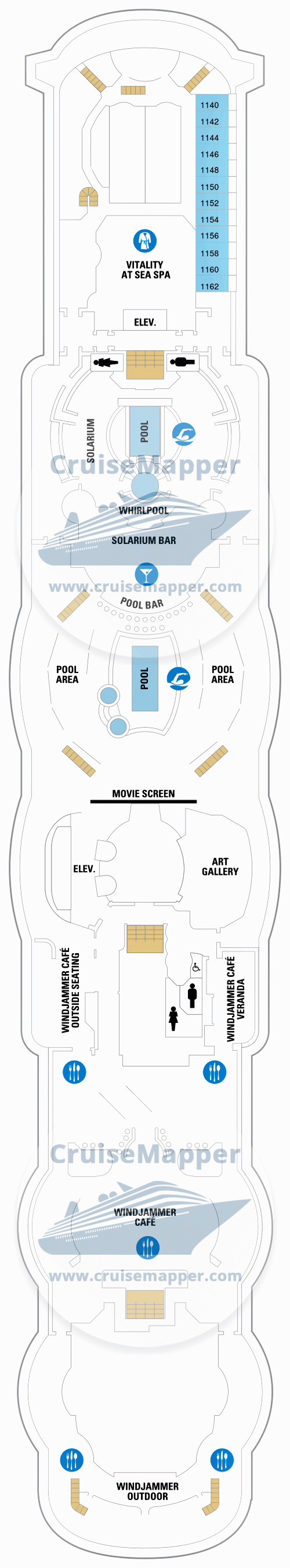 Jewel Of The Seas Deck 11 - Lido-Pools-Gym-Cabins