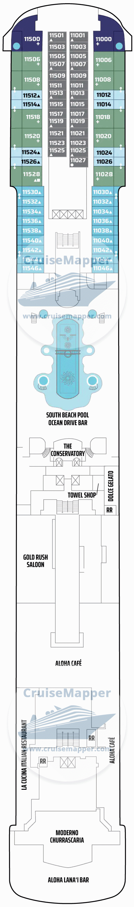 Pride of America Deck 11 - Lido-Pools-Cabins