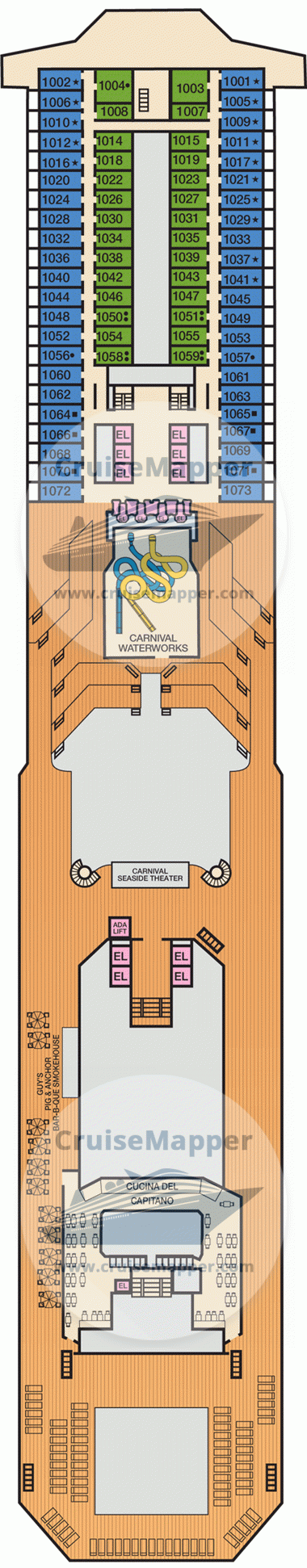 Carnival Radiance Deck 10 - Panorama-Cabins-Waterworks