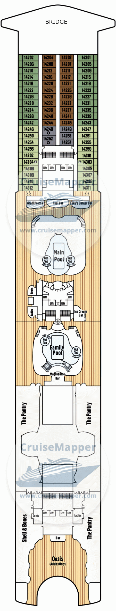 Pacific Encounter Deck 14 - Cabins-Lido-Pools-Adults-Bridge