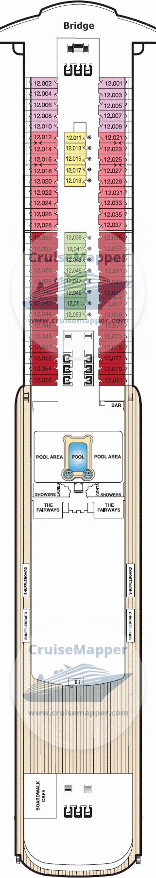 Queen Mary 2 Deck 12 - Cabins-Bridge-Lido-Pool