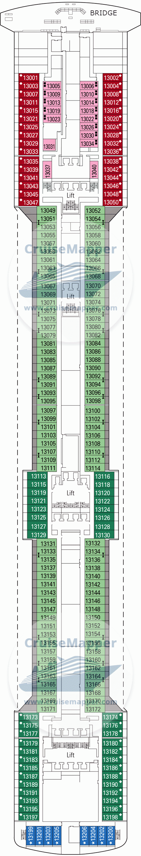 MSC Fantasia Deck 13 - Arcobaleno-Cabins-Bridge