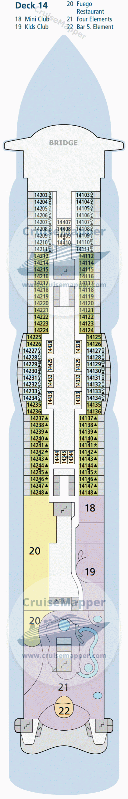 AIDAprima Deck 14 - Bridge-Cabins-Kids-Pools