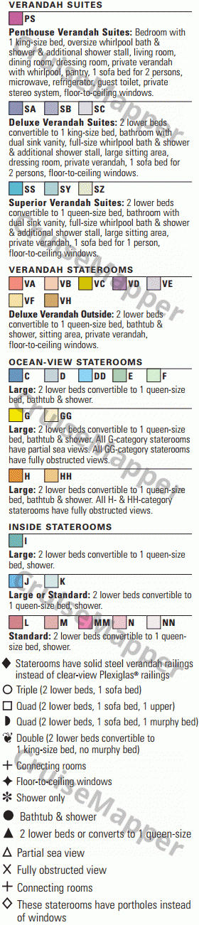 ms Oosterdam deck 8 plan (Navigation-Cabins) legend