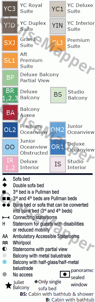 MSC Grandiosa deck 12 plan (Raffaello-Cabins) legend