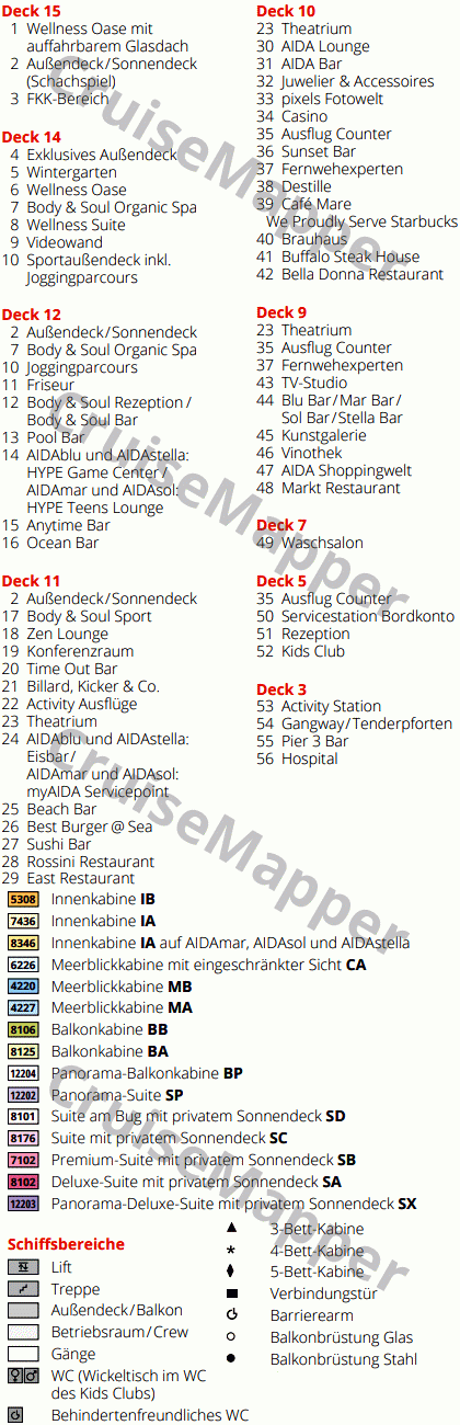 AIDAstella deck 12 plan (Cabins-Spa-Pools-Teens) legend