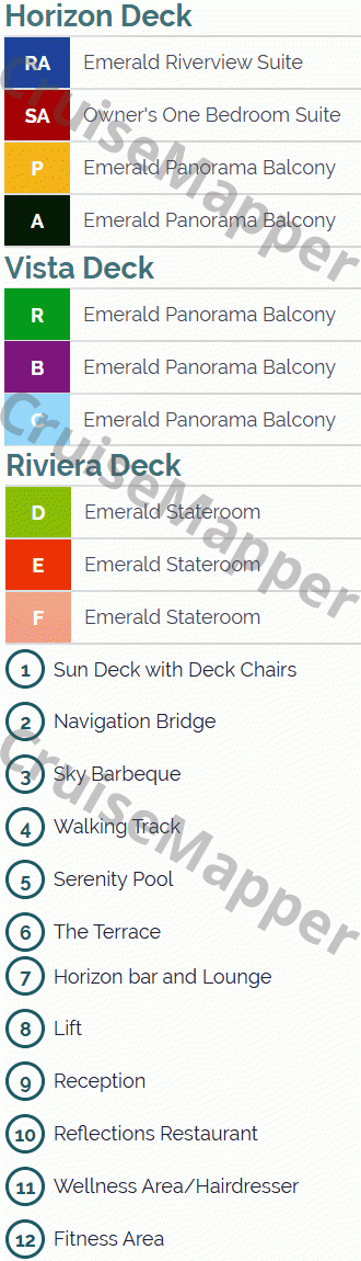 Emerald Radiance deck 1 plan (Riviera-Spa) legend