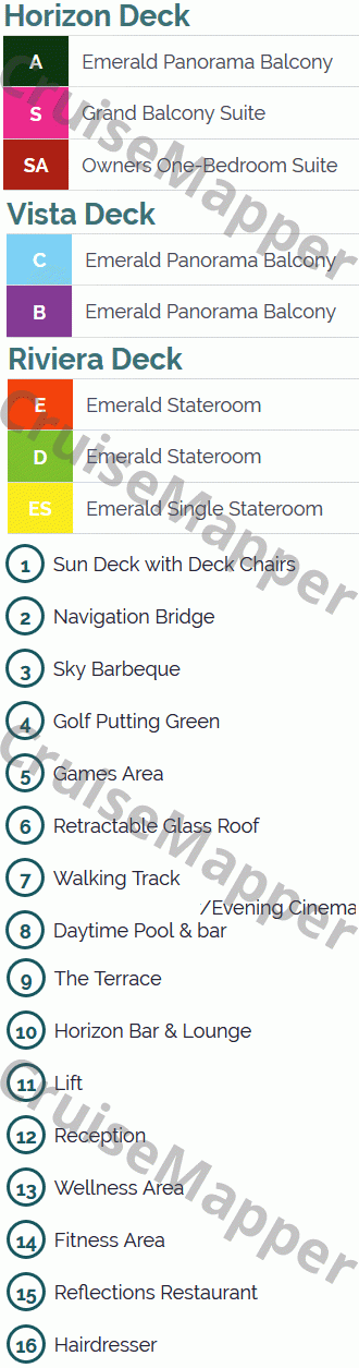 Emerald Sun deck 2 plan (Vista-Lobby-Restaurant) legend