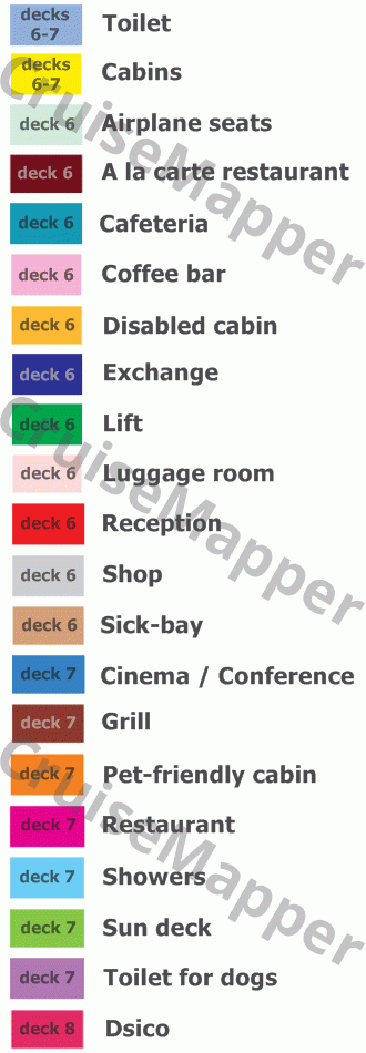 Wawel ferry deck 6 plan (Lobby-Cabins) legend