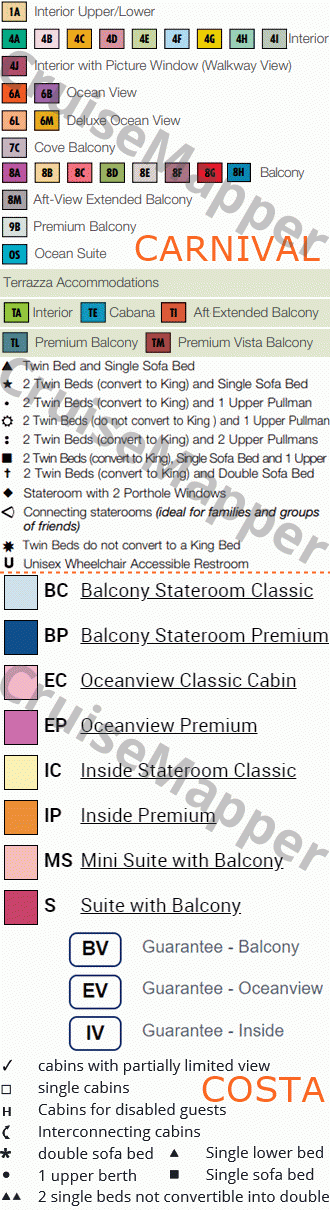 Carnival Venezia deck 8 plan (Cabins-Bridge) legend