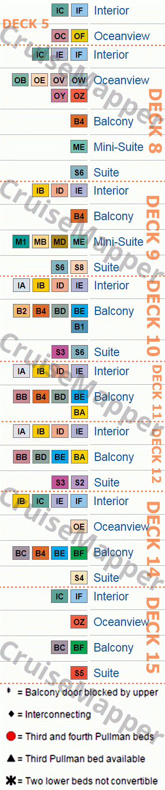 Crown Princess deck 9 plan (Dolphin-Cabins) legend