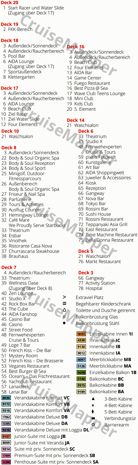 AIDAnova deck 6 plan (Lobby-Shops-Restaurants) legend