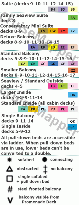 Iona deck 16 plan (Cabins-SkyDome-Lido-Pools-Bridge) legend