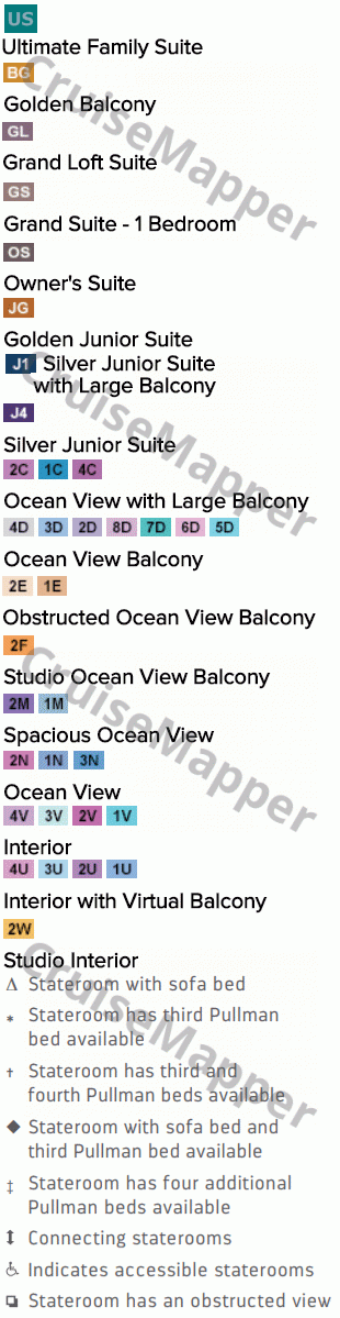 Spectrum Of The Seas deck 16 plan (NorthStar-RipCord-FlowRider-Suites) legend