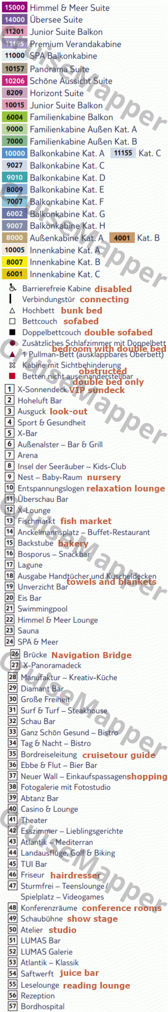 Mein Schiff 1 deck 7 plan (Hanse-Cabins) legend