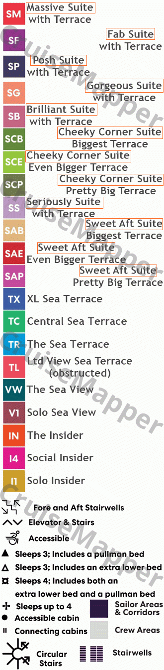 Scarlet Lady deck 8 plan (Cabins) legend