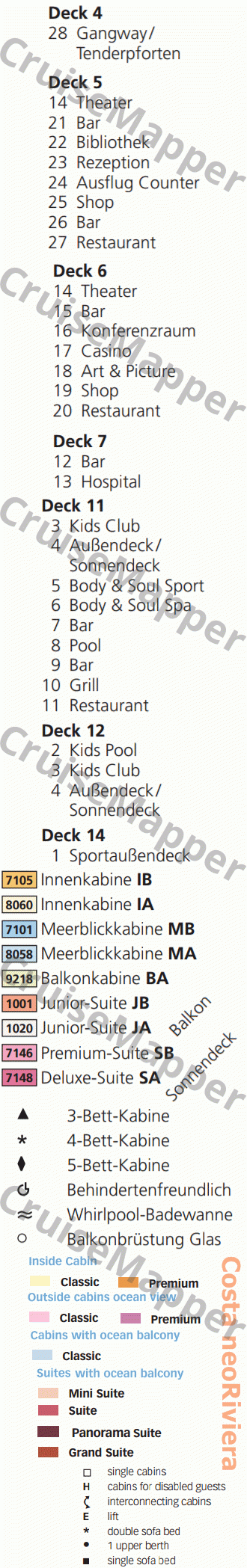 Ambition deck 11 plan (Lido-Pools-Spa-Kids) legend