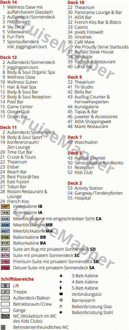 AIDAluna deck 4 plan (Cabins) legend