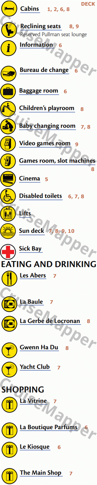 Bretagne ferry deck 7 plan (Restaurants-Shops-Sundeck) legend