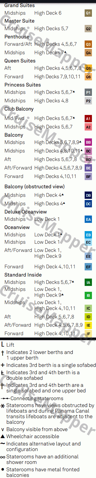 Queen Anne deck 7 plan (Cabins) legend