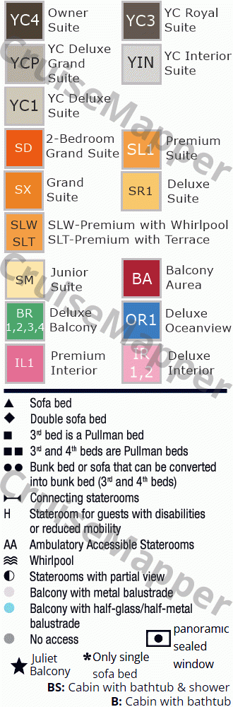 MSC Seashore deck 12 plan (Start Point-Cabins) legend