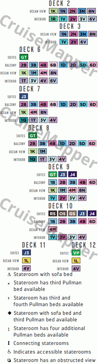 Freedom Of The Seas deck 11 plan (Lido-Pools-Cabins) legend