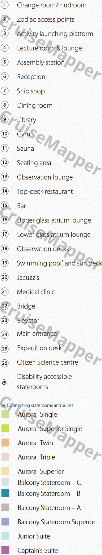 Ocean Discoverer deck 6 plan (Cabins) legend