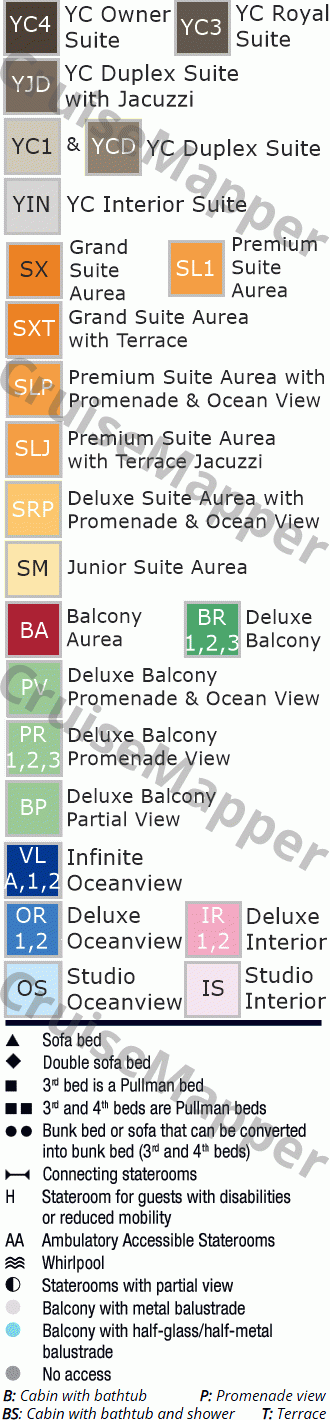 MSC World America deck 15 plan (Rio de Janeiro-Cabins-Bridge) legend