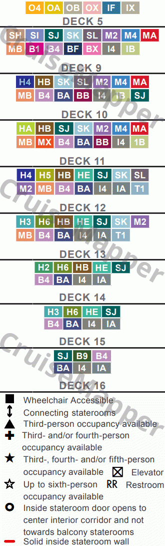 Norwegian Prima deck 16 plan (Cabins-Haven Sundeck1) legend