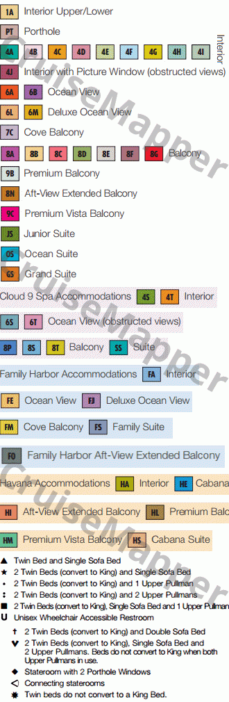 Carnival Horizon deck 8 plan (Verandah-Cabins-Bridge) legend