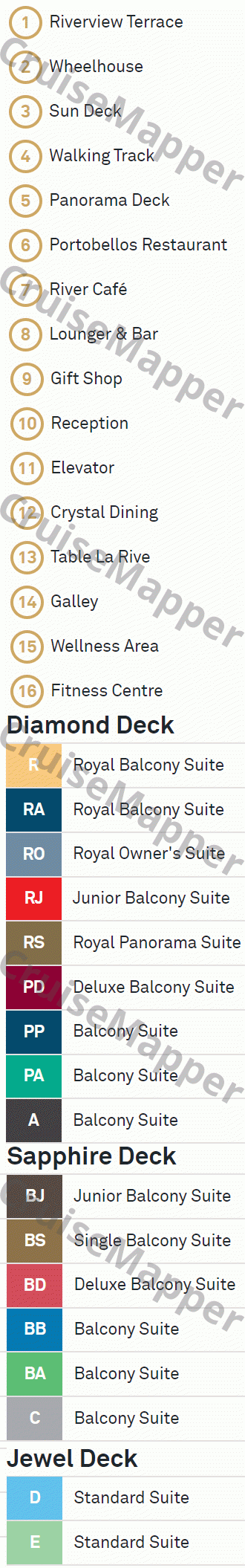 Scenic Crystal deck 4 plan (Sun) legend